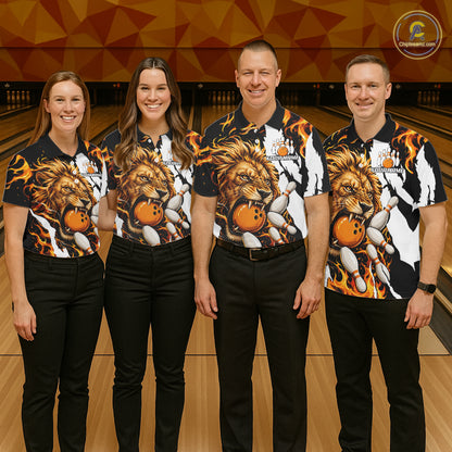 Bowling team wearing matching personalized orange flame lion bowling team jerseys featuring premium lion flame graphics, front view.