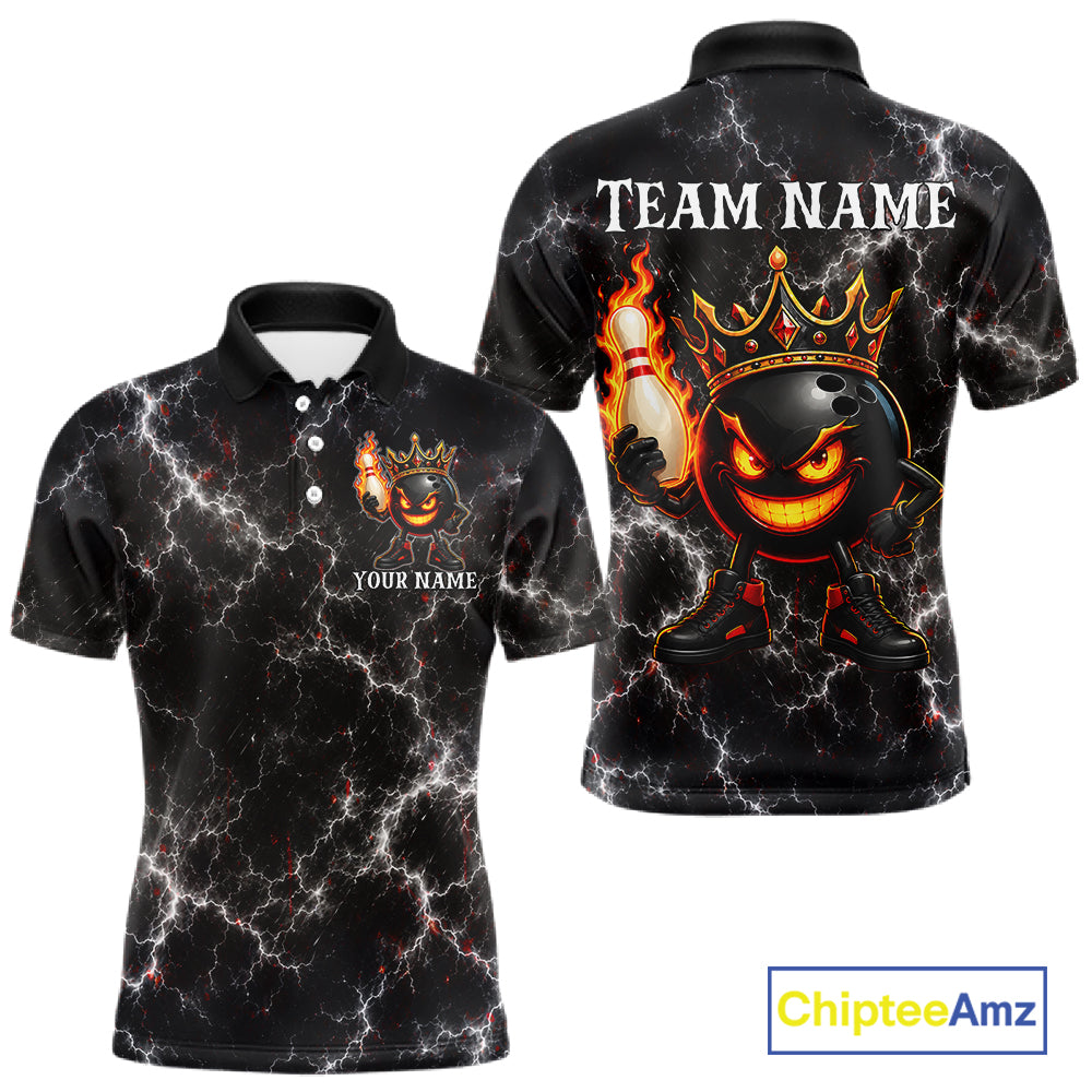 ersonalized crown bowling ball lightning bowling team jersey polo shirt for men featuring a royal crown, bowling ball and lightning design, premium custom bowling league apparel for tournaments and league play.