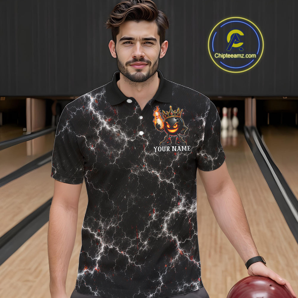 Man wearing personalized crown bowling ball lightning bowling team jersey polo shirt featuring crown and lightning bowling ball artwork, front view.