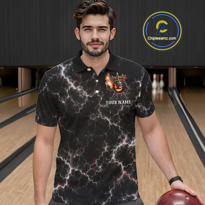 Man wearing personalized crown bowling ball lightning bowling team jersey polo shirt featuring crown and lightning bowling ball artwork, front view.