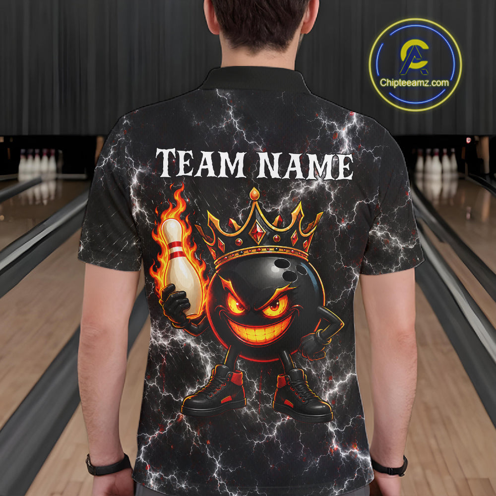 Man wearing personalized crown bowling ball lightning bowling team jersey polo shirt featuring crown and lightning bowling ball artwork, back view.