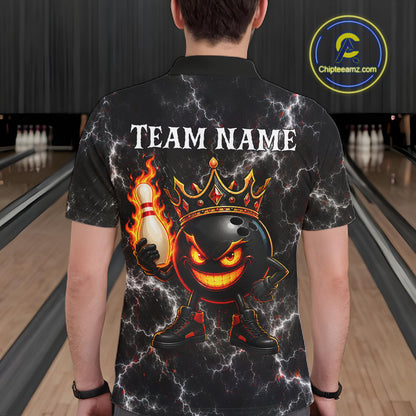 Man wearing personalized crown bowling ball lightning bowling team jersey polo shirt featuring crown and lightning bowling ball artwork, back view.