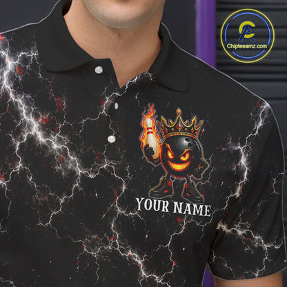 Close-up of the personalized crown bowling ball lightning bowling team jersey polo shirt showing the collar, buttons, premium performance fabric and detailed crown bowling ball graphics.