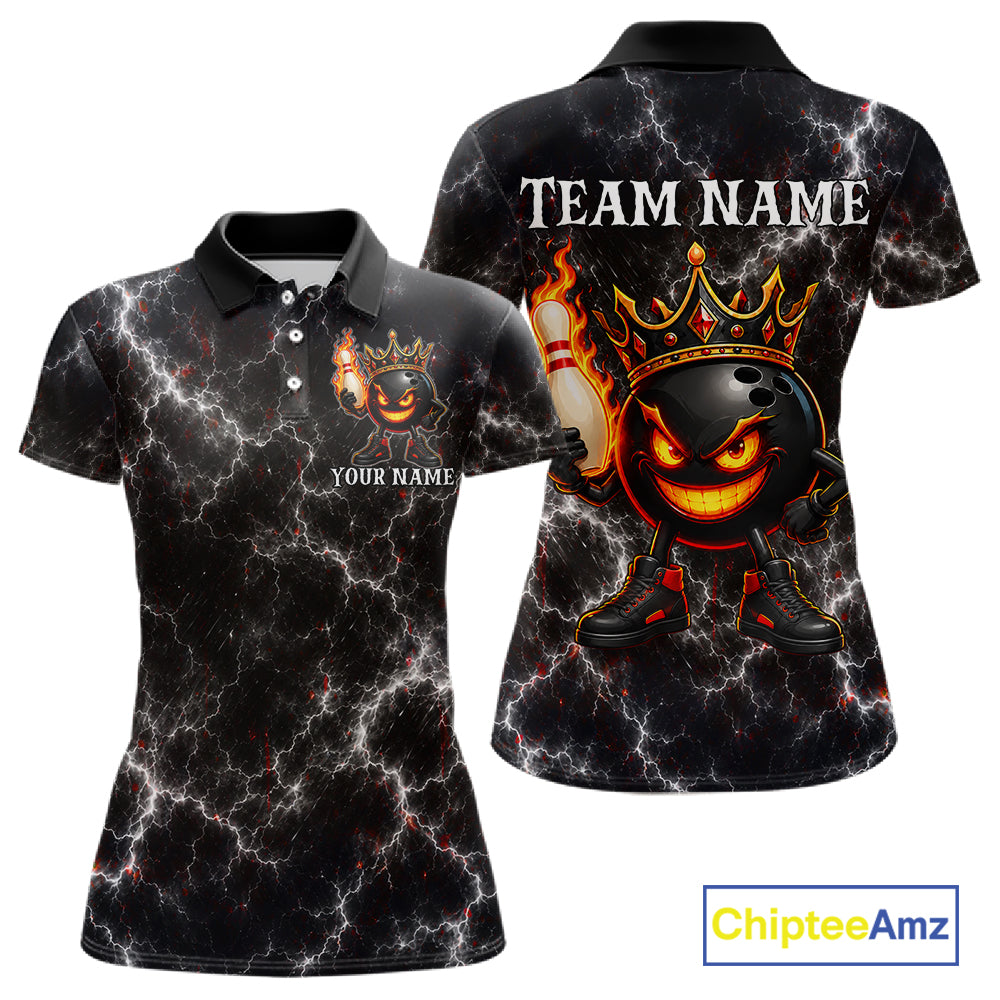 Personalized crown bowling ball lightning bowling team jersey polo shirt for women featuring a royal crown, bowling ball and lightning design, premium custom bowling league apparel for tournaments and league play.