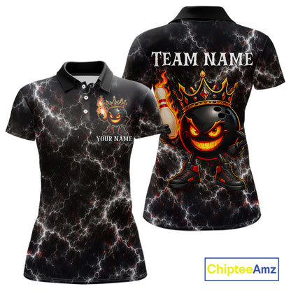 Personalized crown bowling ball lightning bowling team jersey polo shirt for women featuring a royal crown, bowling ball and lightning design, premium custom bowling league apparel for tournaments and league play.