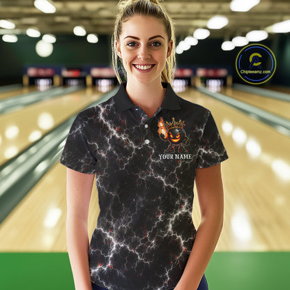 Woman wearing personalized crown bowling ball lightning bowling team jersey polo shirt featuring crown and lightning bowling ball artwork, front view.