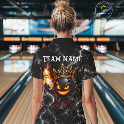 Woman wearing personalized crown bowling ball lightning bowling team jersey quarter zip shirt featuring crown and lightning bowling ball artwork, front view.