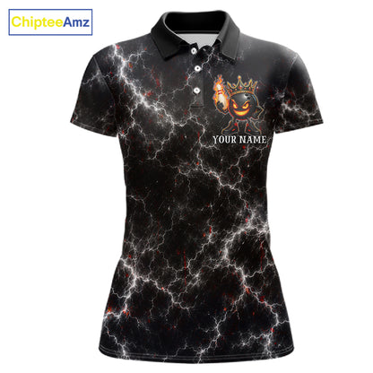Personalized crown bowling ball lightning bowling team jersey polo shirt for women featuring a royal crown, bowling ball and lightning design, premium custom bowling league apparel for tournaments and league play.