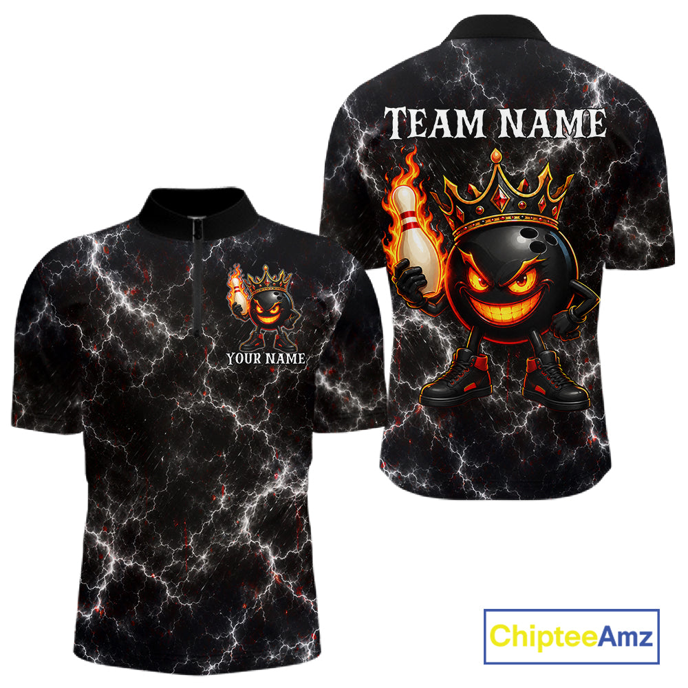 Personalized crown bowling ball lightning bowling team jersey quarter zip shirt for men featuring bold lightning bowling ball artwork, premium custom bowling league apparel.