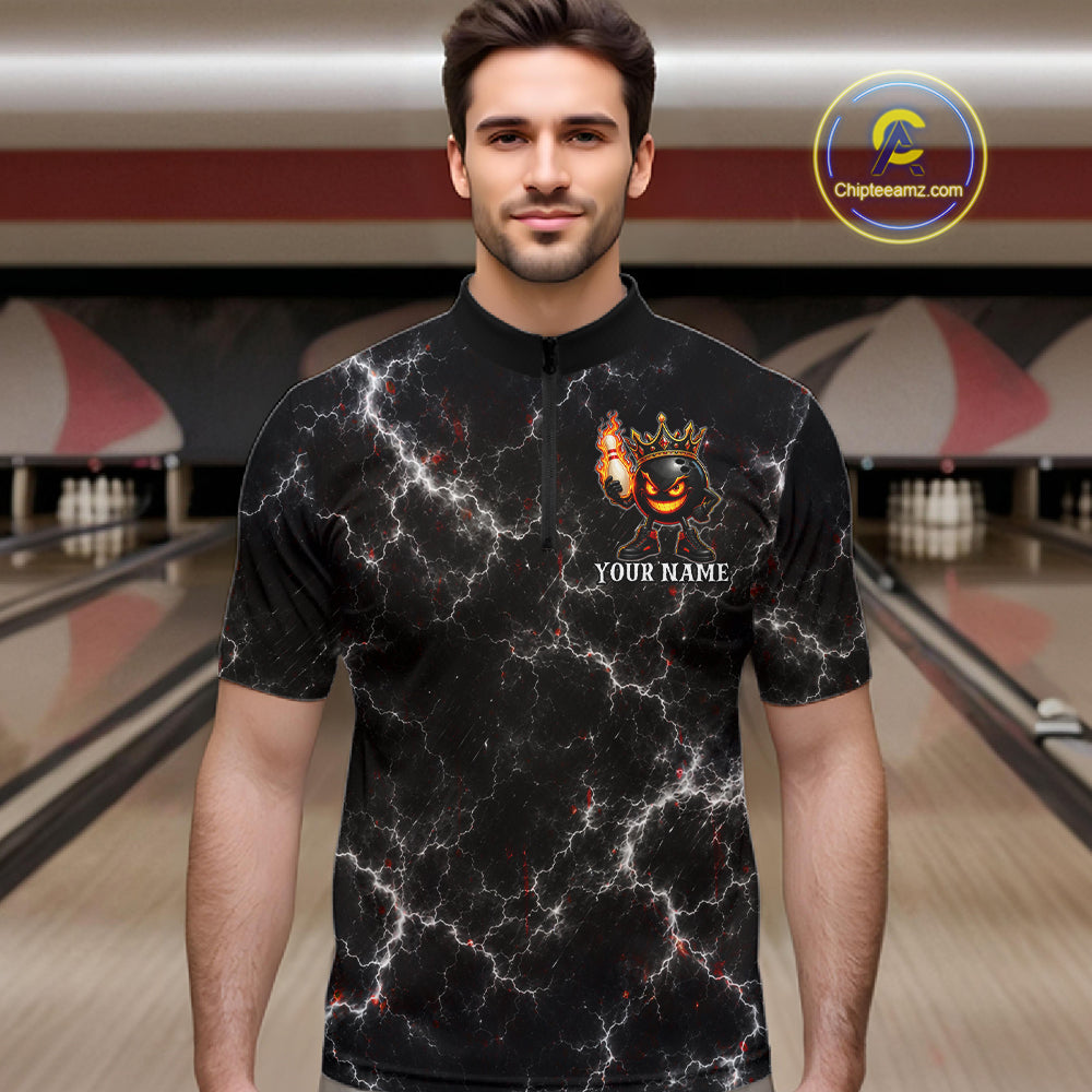 Man wearing personalized crown bowling ball lightning bowling team jersey quarter zip shirt featuring crown and lightning bowling ball artwork, front view.