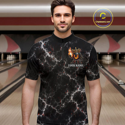 Man wearing personalized crown bowling ball lightning bowling team jersey quarter zip shirt featuring crown and lightning bowling ball artwork, front view.