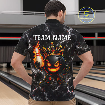 Man wearing personalized crown bowling ball lightning bowling team jersey quarter zip shirt featuring crown and lightning bowling ball artwork, back view.