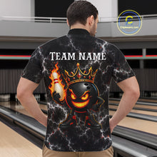 Load image into Gallery viewer, Man wearing personalized crown bowling ball lightning bowling team jersey quarter zip shirt featuring crown and lightning bowling ball artwork, back view.