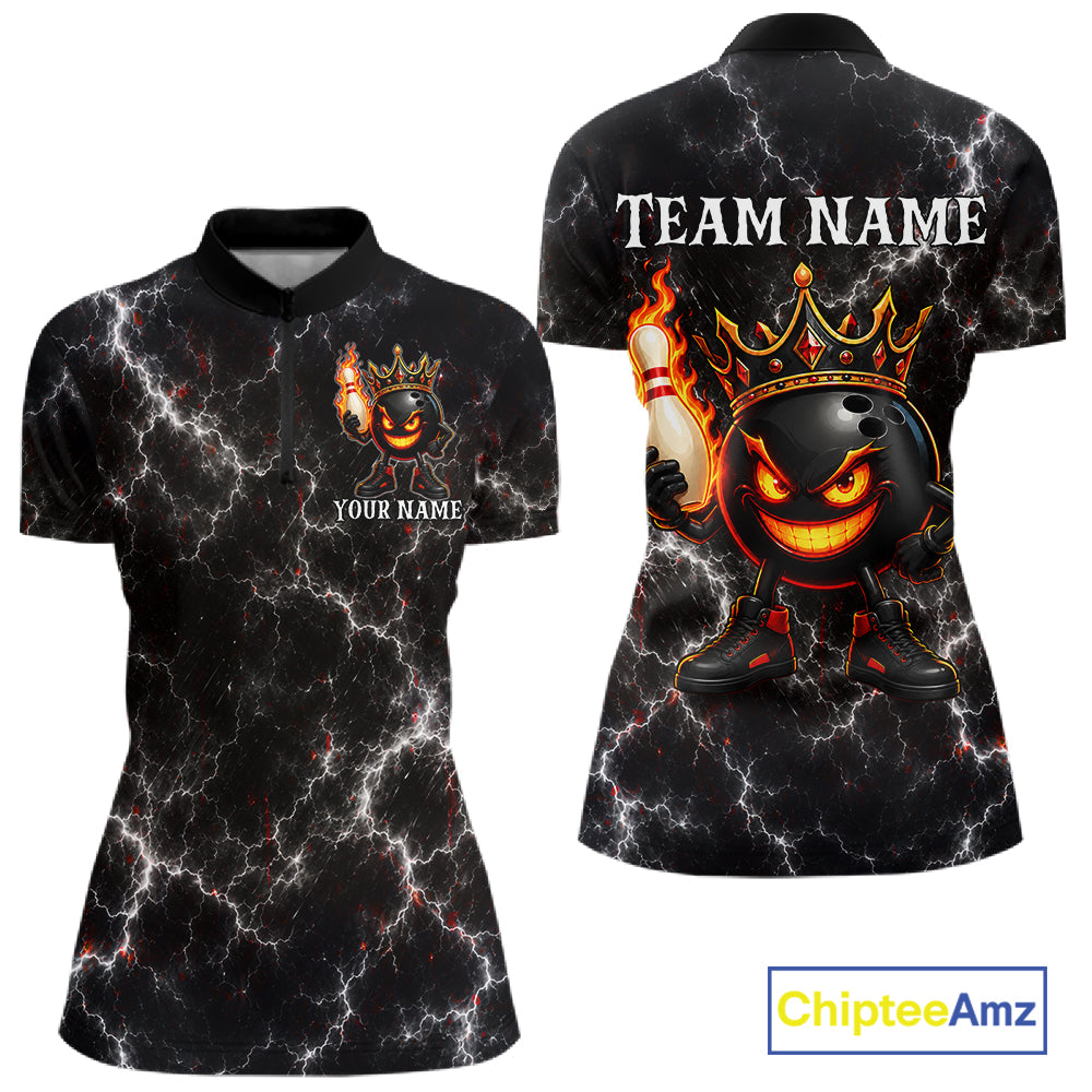 Personalized crown bowling ball lightning bowling team jersey quarter zip shirt for women featuring bold lightning bowling ball artwork, premium custom bowling league apparel.