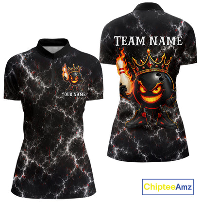 Personalized crown bowling ball lightning bowling team jersey quarter zip shirt for women featuring bold lightning bowling ball artwork, premium custom bowling league apparel.