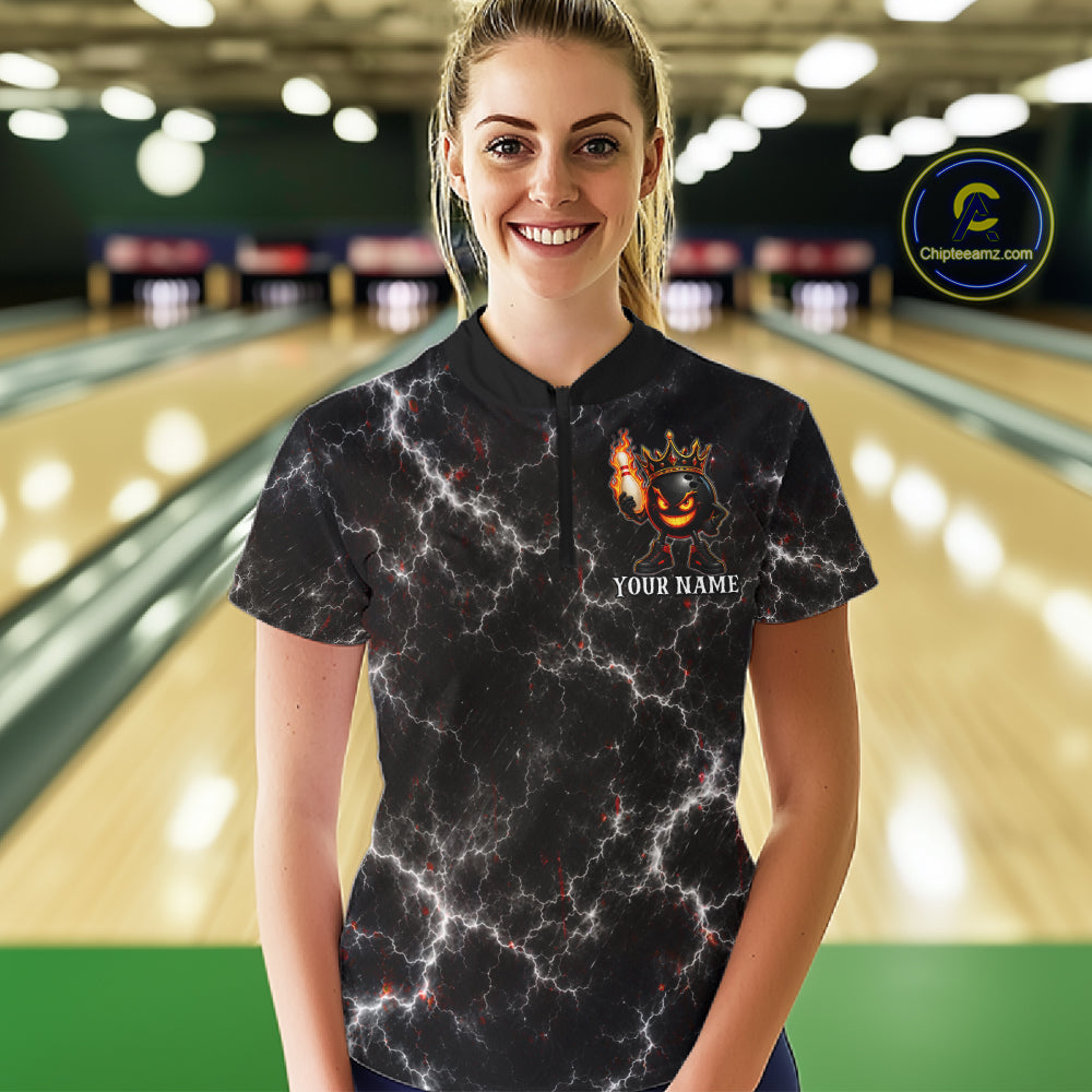 Woman wearing personalized crown bowling ball lightning bowling team jersey polo shirt featuring crown and lightning bowling ball artwork, back view.