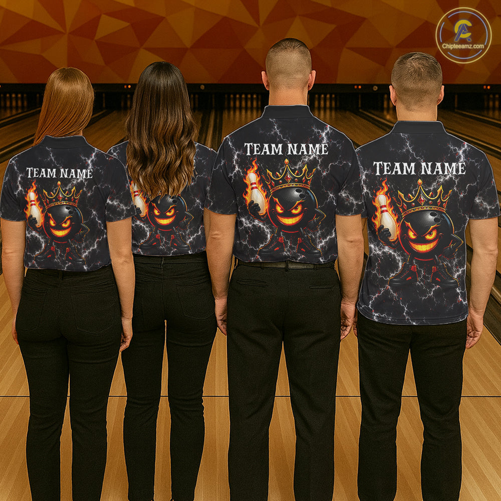Bowling team wearing matching personalized crown bowling ball lightning bowling team jerseys featuring premium crown bowling ball graphics, back view.