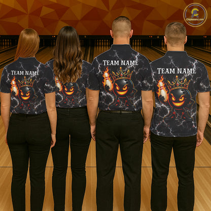 Bowling team wearing matching personalized crown bowling ball lightning bowling team jerseys featuring premium crown bowling ball graphics, back view.