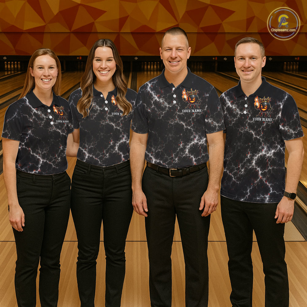 Bowling team wearing matching personalized crown bowling ball lightning bowling team jerseys featuring premium crown bowling ball graphics, front view.