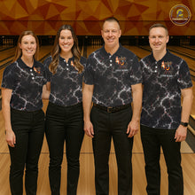 Load image into Gallery viewer, Bowling team wearing matching personalized crown bowling ball lightning bowling team jerseys featuring premium crown bowling ball graphics, front view.