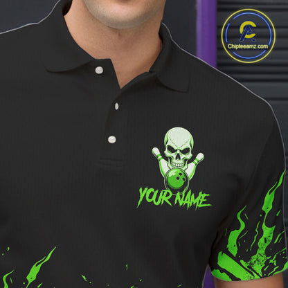 Black And Green Funny Skeleton Bowling Shirts For Men Custom Skull Bowling League Team Jersey TDM7253