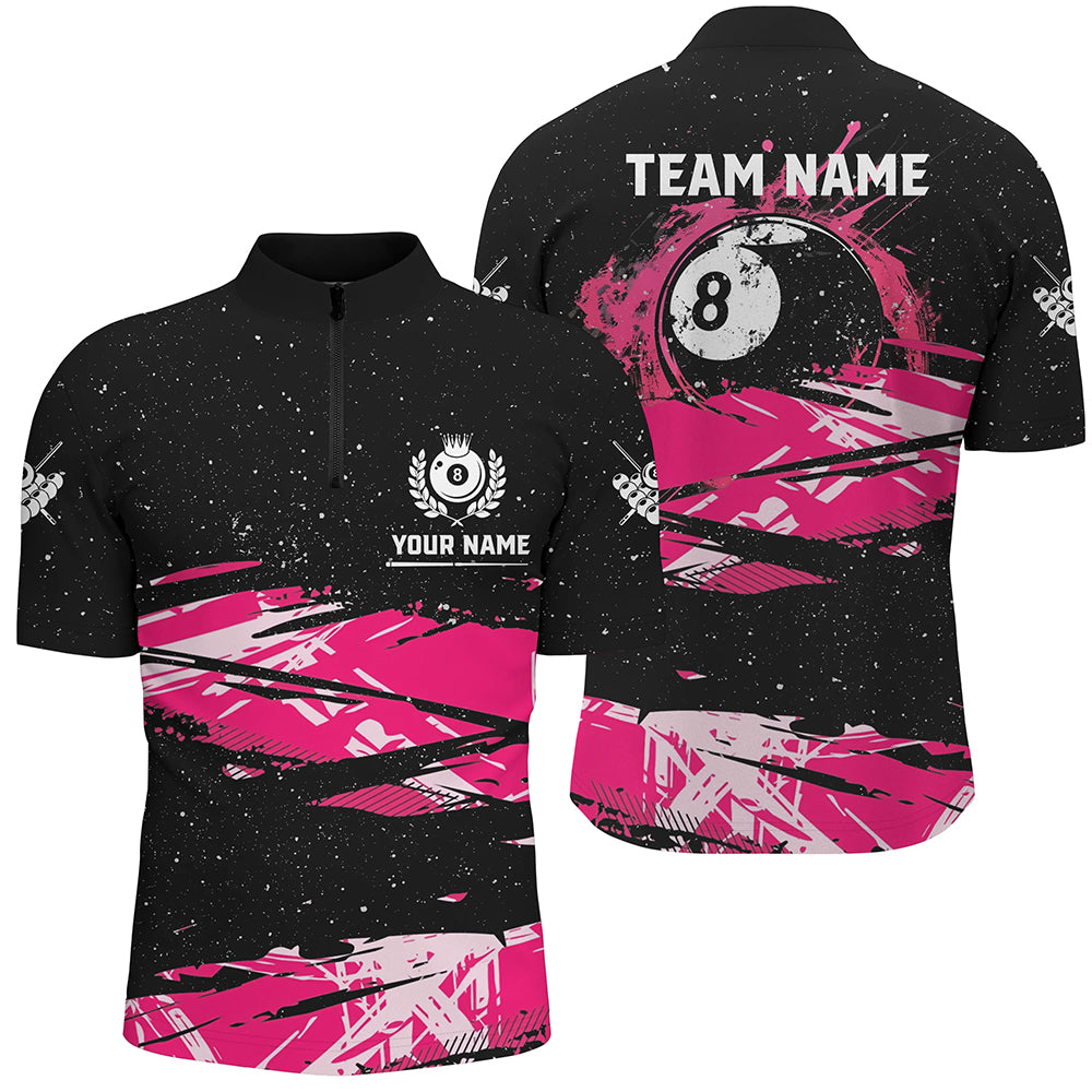 Custom Pink Grunge Billiard 8 Ball Men Quarter-Zip Shirt, Mother's Day Pool Player Gifts TDM1452