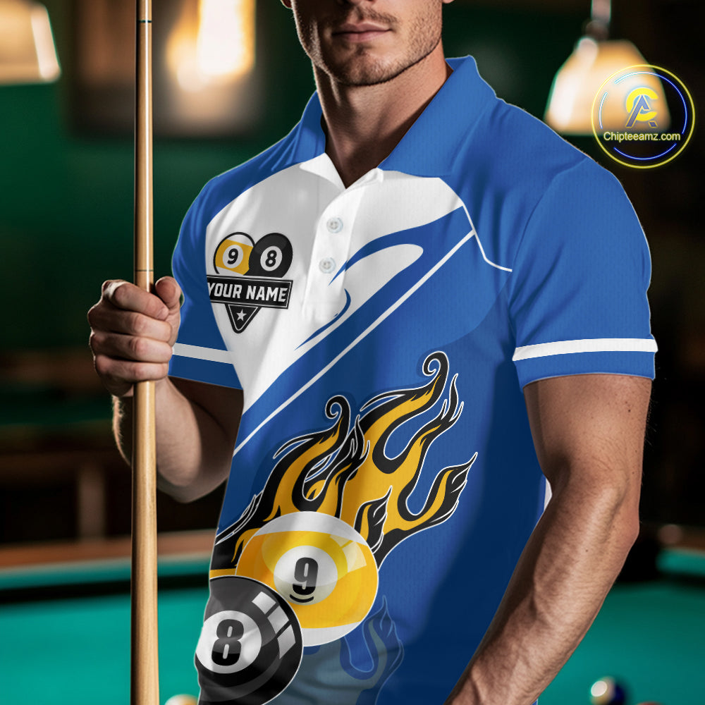 White And Blue 8 Ball & 9 Ball Flame Billiard Shirt For Men Custom Pool Team Jersey Polo & 1/4 Zip TDM6345