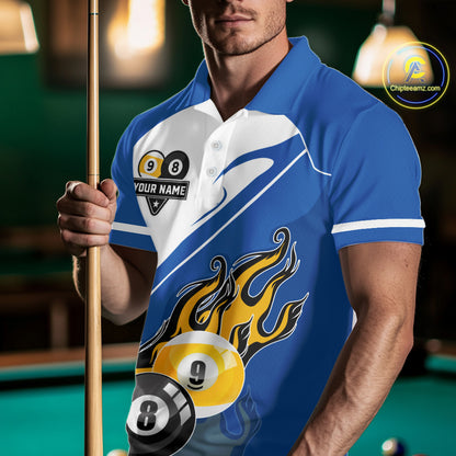 White And Blue 8 Ball & 9 Ball Flame Billiard Shirt For Men Custom Pool Team Jersey Polo & 1/4 Zip TDM6345