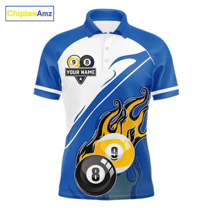 White And Blue 8 Ball & 9 Ball Flame Billiard Shirt For Men Custom Pool Team Jersey Polo & 1/4 Zip TDM6345