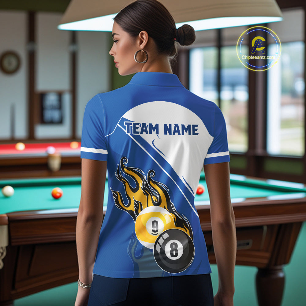 White And Blue 8 Ball & 9 Ball Flame Billiard Shirt For Women Custom Pool Team Jersey Polo & 1/4 Zip TDM6345