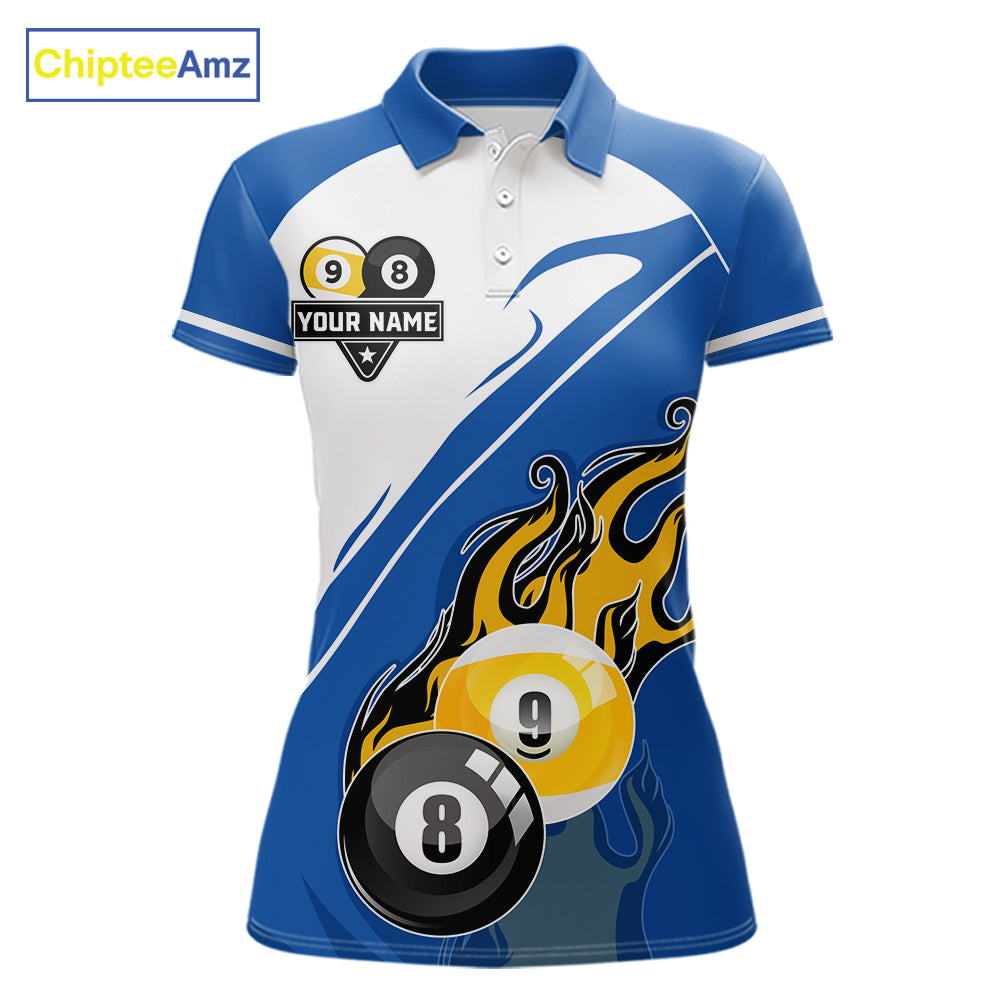White And Blue 8 Ball & 9 Ball Flame Billiard Shirt For Women Custom Pool Team Jersey Polo & 1/4 Zip TDM6345