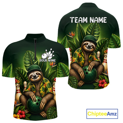Custom Green Funny Sloth Tropical Bowling Shirts For Men, Bowling Team Jersey Polo & 1/4 Zip TDM6529