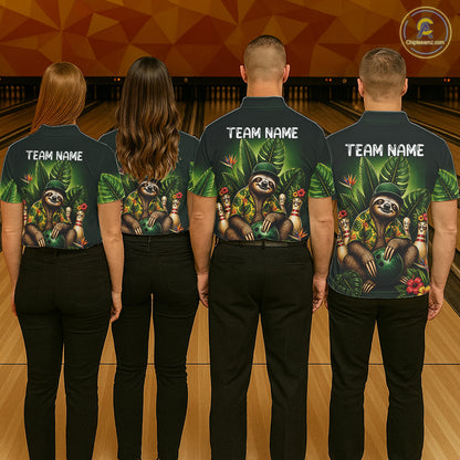 Custom Green Funny Sloth Tropical Bowling Shirts For Women, Bowling Team Jersey Polo & 1/4 Zip TDM6529