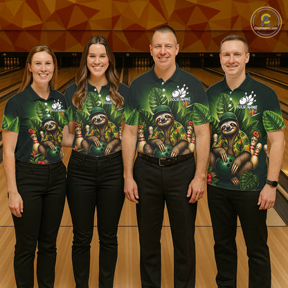 Custom Green Funny Sloth Tropical Bowling Shirts For Women, Bowling Team Jersey Polo & 1/4 Zip TDM6529