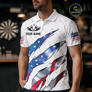 Personalized Glowing American Flag Patriotic Dart Shirt For Men, Darts Team Jerseys Polo & 1/4 Zip TDM4594
