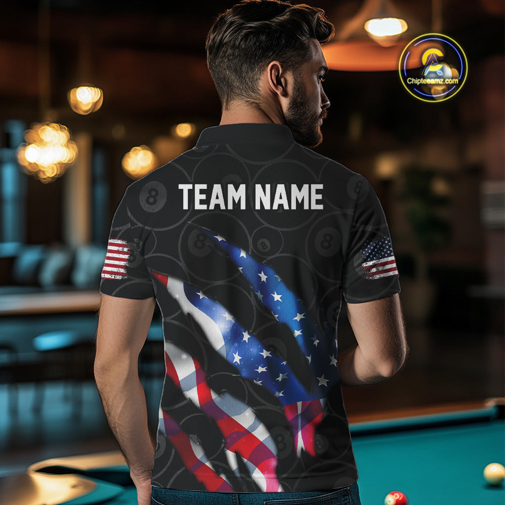 Custom Glowing American Flag 8 Ball Billiard Shirt For Men, Patriotic Billiard Team Jerseys |Black TDM4595