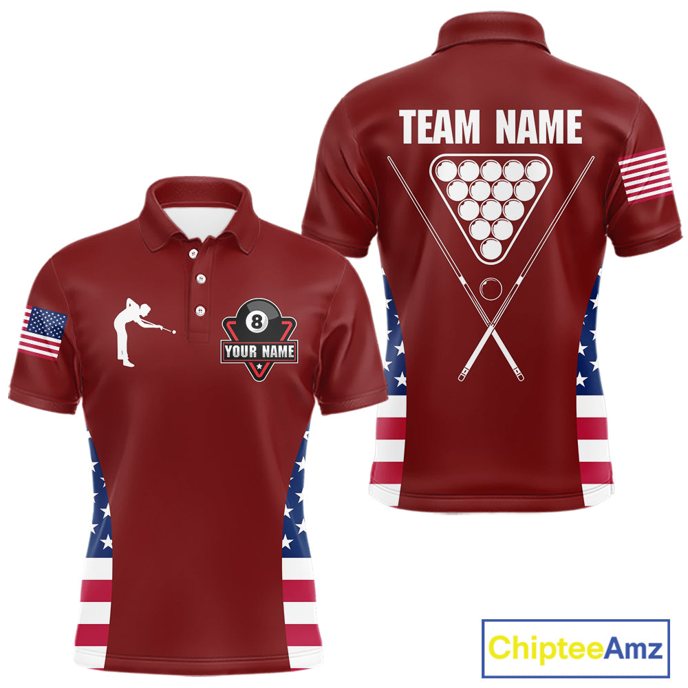 Personalized US Flag 8 Ball Pool Billiard Shirt For Men, Billiard Team Jersey Polo & 1/4 Zip |Red TDM5477