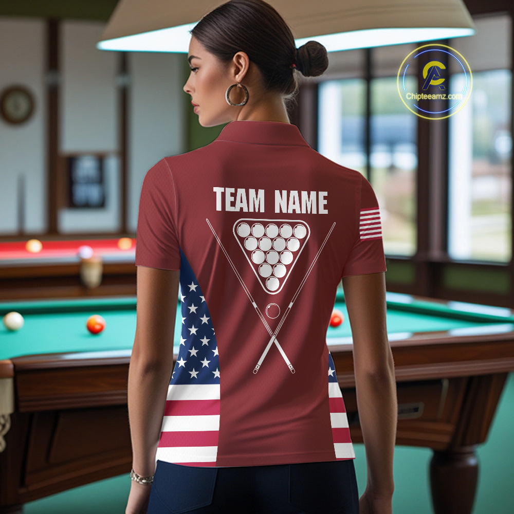 Personalized US Flag 8 Ball Pool Billiard Shirt For Women, Billiard Team Jersey Polo & 1/4 Zip |Red TDM5477