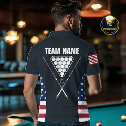 Custom US Flag 8 Ball Pool Billiard Shirt For Men, Billiard Team Jersey Polo & 1/4 Zip |Navy Blue TDM5478