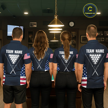 Custom US Flag 8 Ball Pool Billiard Shirt For Men, Billiard Team Jersey Polo & 1/4 Zip |Navy Blue TDM5478