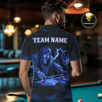 Personalized Smoke Skull Blue Billiard Shirts For Men, Grim Reaper Pool Jersey Team Polo & 1/4 Zip TDM5934