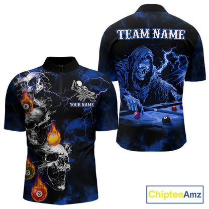 Personalized Smoke Skull Blue Billiard Shirts For Men, Grim Reaper Pool Jersey Team Polo & 1/4 Zip TDM5934