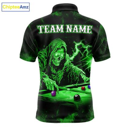 Personalized Smoke Skull Green Billiard Shirts For Men, Grim Reaper Pool Jersey Team Polo, 1/4 Zip TDM5935