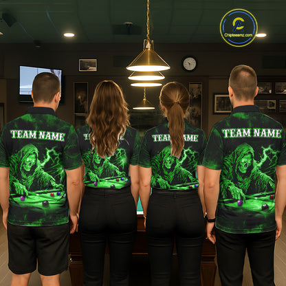Personalized Smoke Skull Green Billiard Shirts For Men, Grim Reaper Pool Jersey Team Polo, 1/4 Zip TDM5935