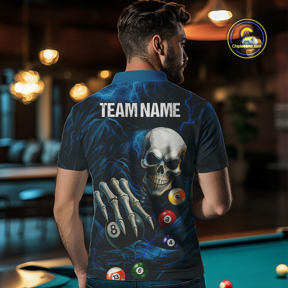 Personalized Blue Funny Skeleton Pool Balls Billiard Shirt For Men, Skull Billiard Team Jerseys TDM4368