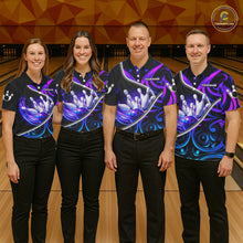 Load image into Gallery viewer, Custom Neon Purple Blue Tribal Bowling Shirts For Men, Bowling Team Jersey Polo &amp; Quarter Zip TDM6106