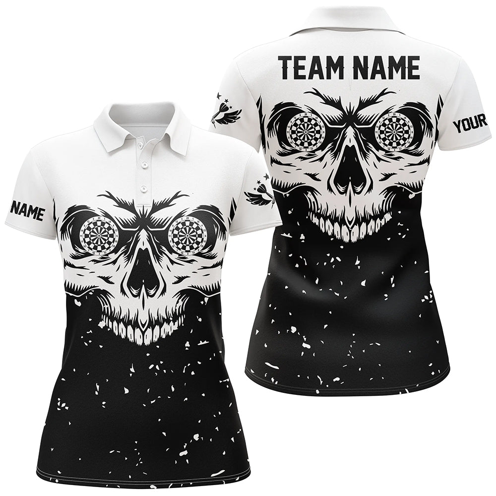 Custom Grunge Black White Skull Darts Women Polo Shirts, Personalized Team League Darts Shirts TDM1470