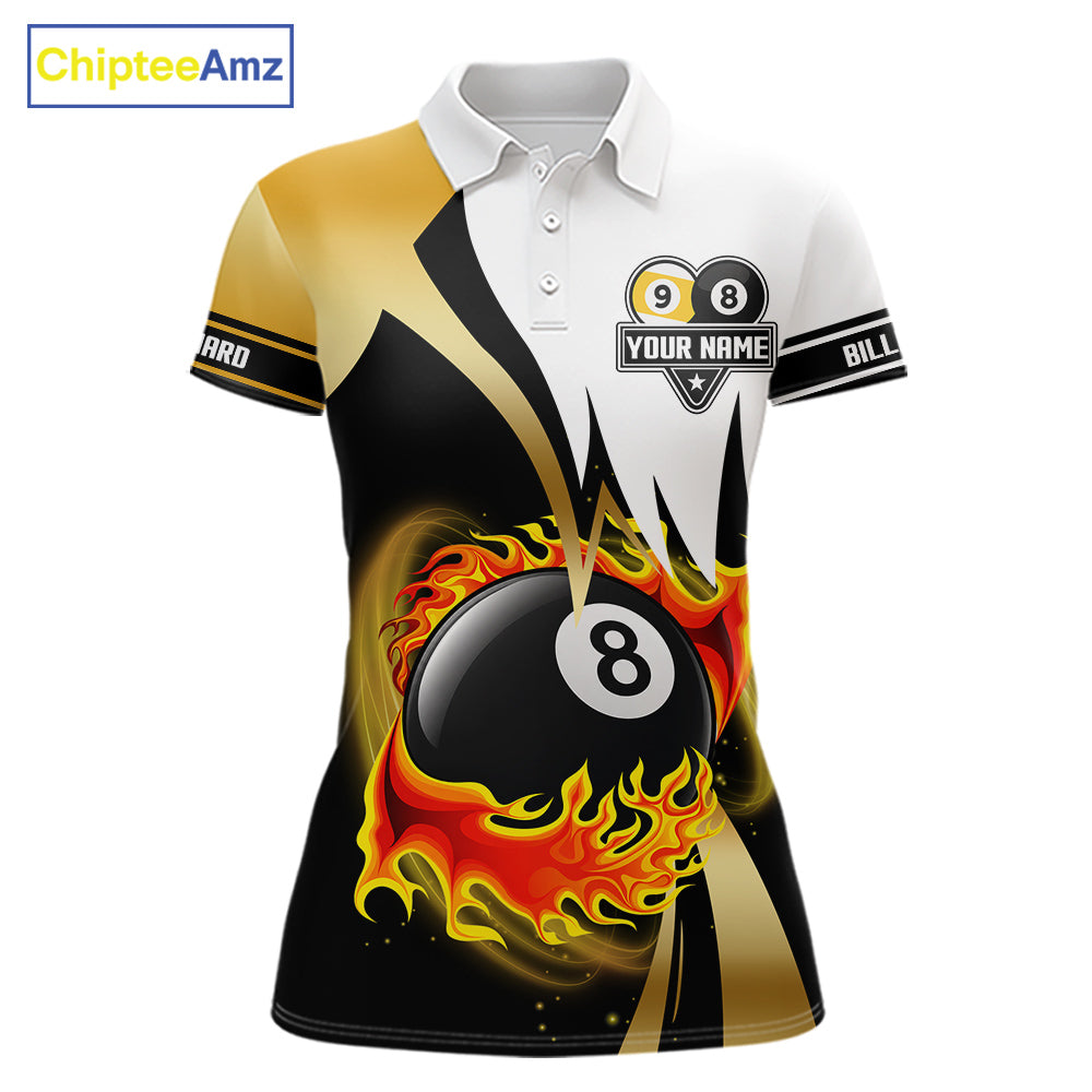 Custom Flame 8 Ball & 9 Ball Billiard Shirt For Women, Pool Team Jersey Polo & Quarter Zip |Gold TDM6539