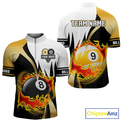 Custom Flame 8 Ball & 9 Ball Billiard Shirt For Men, Pool Team Jersey Polo & Quarter Zip |Gold TDM6539