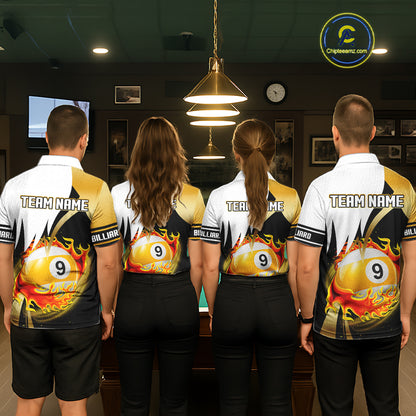 Custom Flame 8 Ball & 9 Ball Billiard Shirt For Men, Pool Team Jersey Polo & Quarter Zip |Gold TDM6539